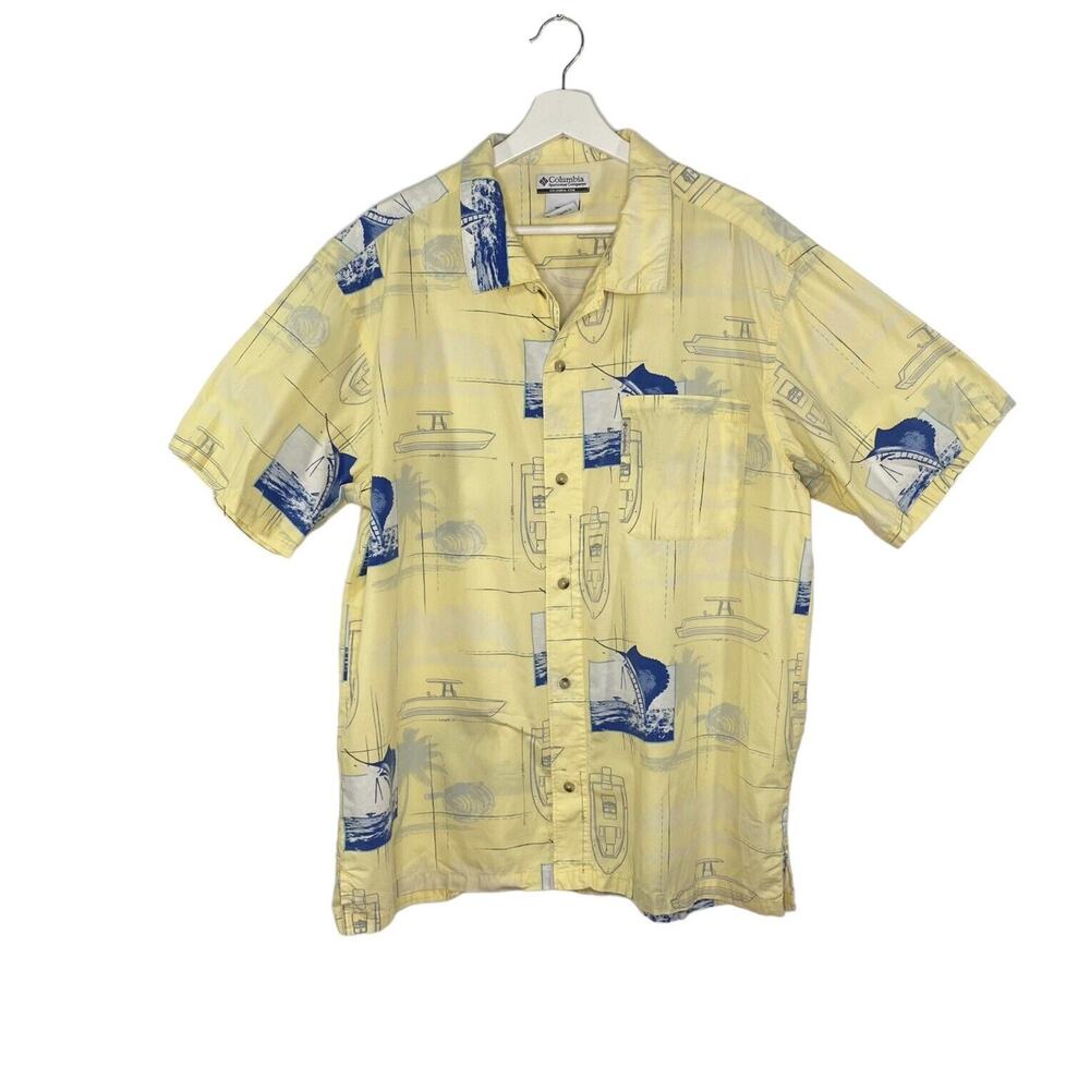Columbia Shirt Mens Extra Large Yellow Boats/Swordfish Marlin Button‎ Front